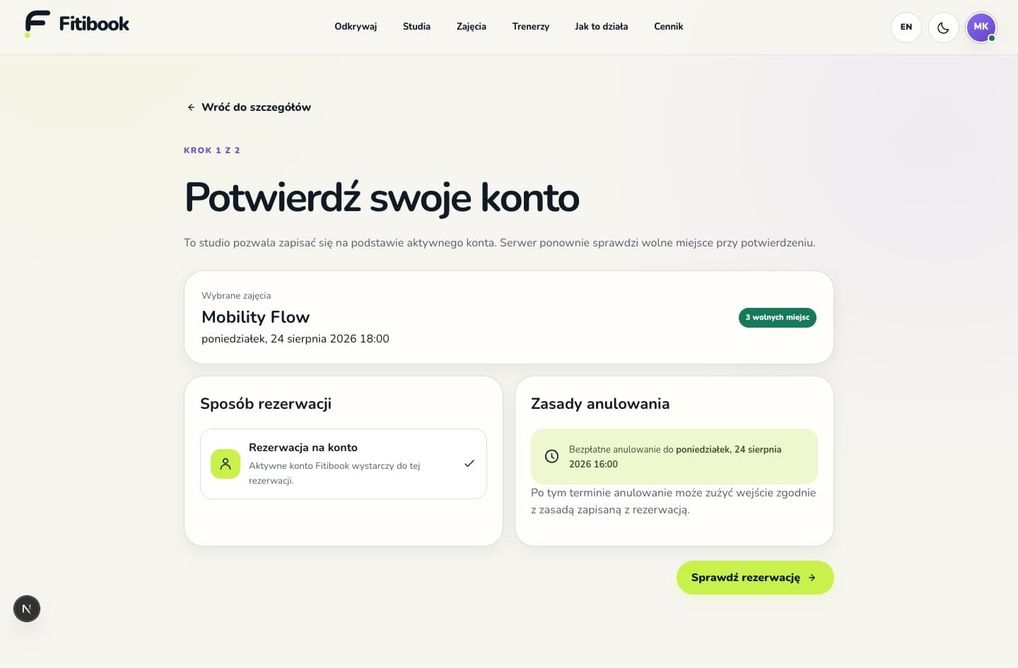 Booking method and cancellation rules review screen